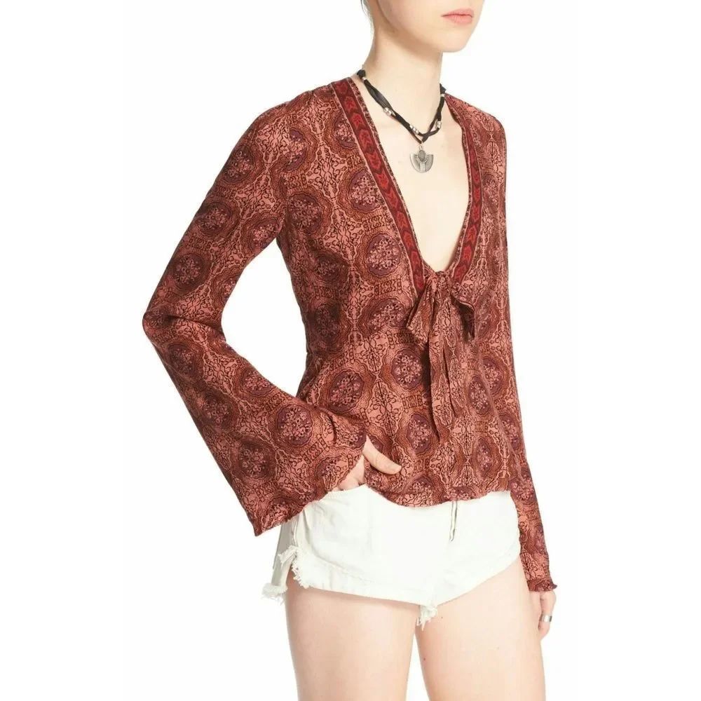 New! FREE PEOPLE Kaleidoscope Print V-neck Tie-front Long Bell Sleeve Top